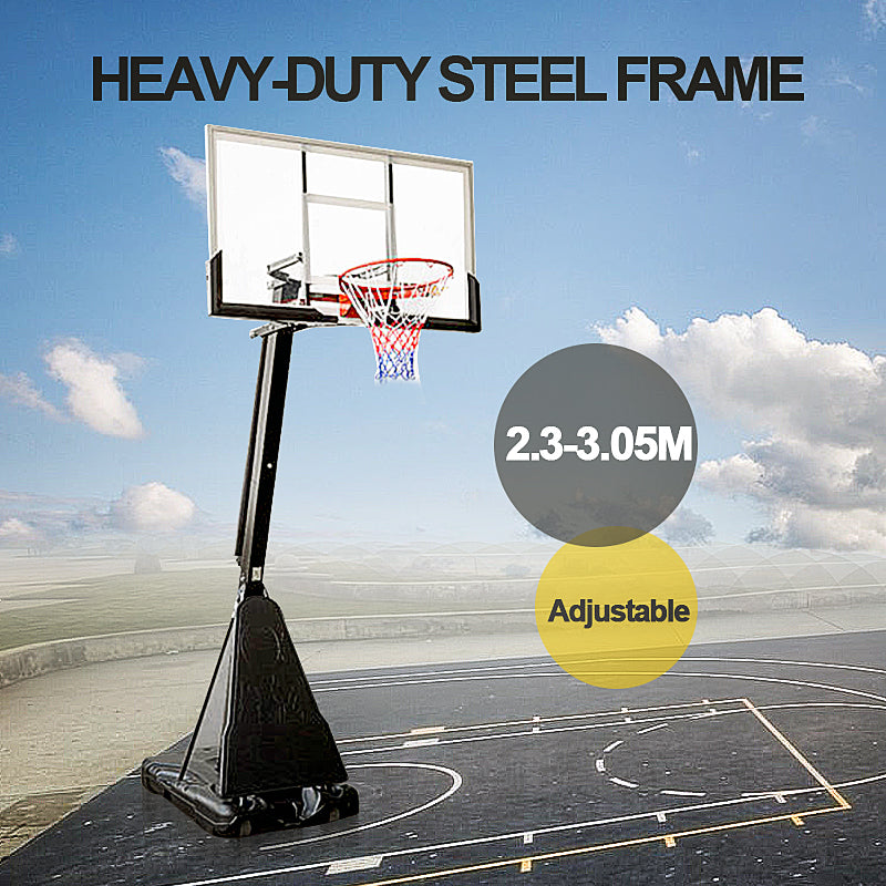 54 Inch Tempered Glass Portable Basketball Ring System Slam Dunk Height Adjustable 2.3-3.05m