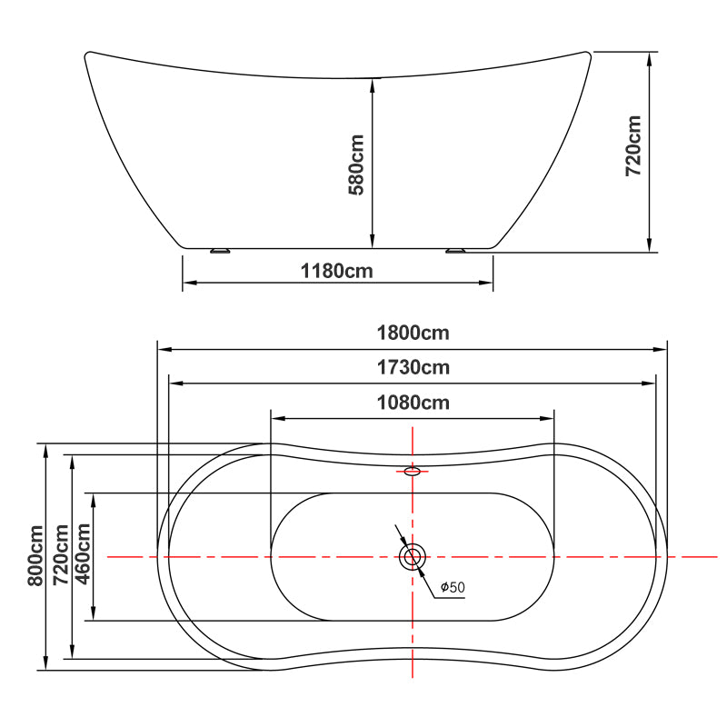 Bathroom Acrylic Free Standing Bath Tub Thin Edge 1800 x 800 x 720 Freestanding (Tender & Curve)
