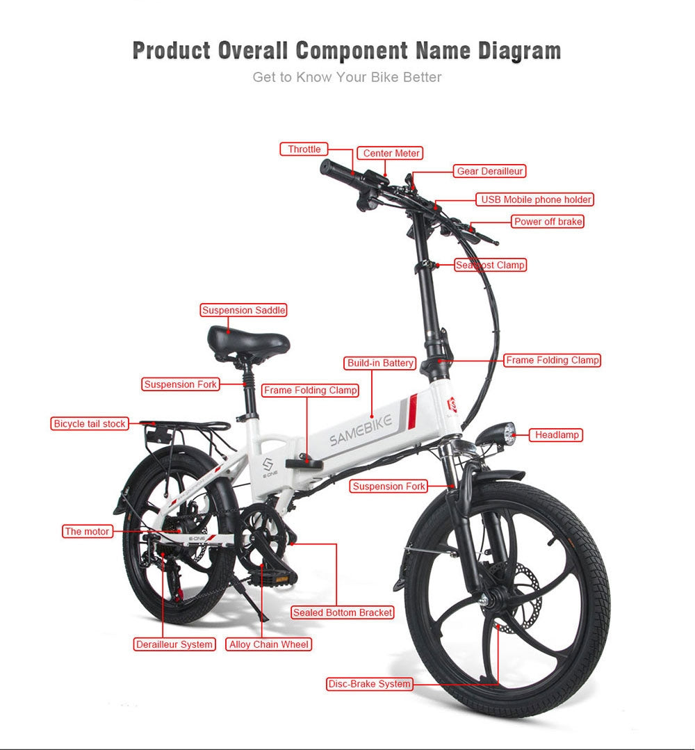 20 Inch SAMEBIKE Folding Electric Bike Bicycle Scooter E-scooter E-bike 350W Motor 10.4Ah Battery Max 35 KPH White