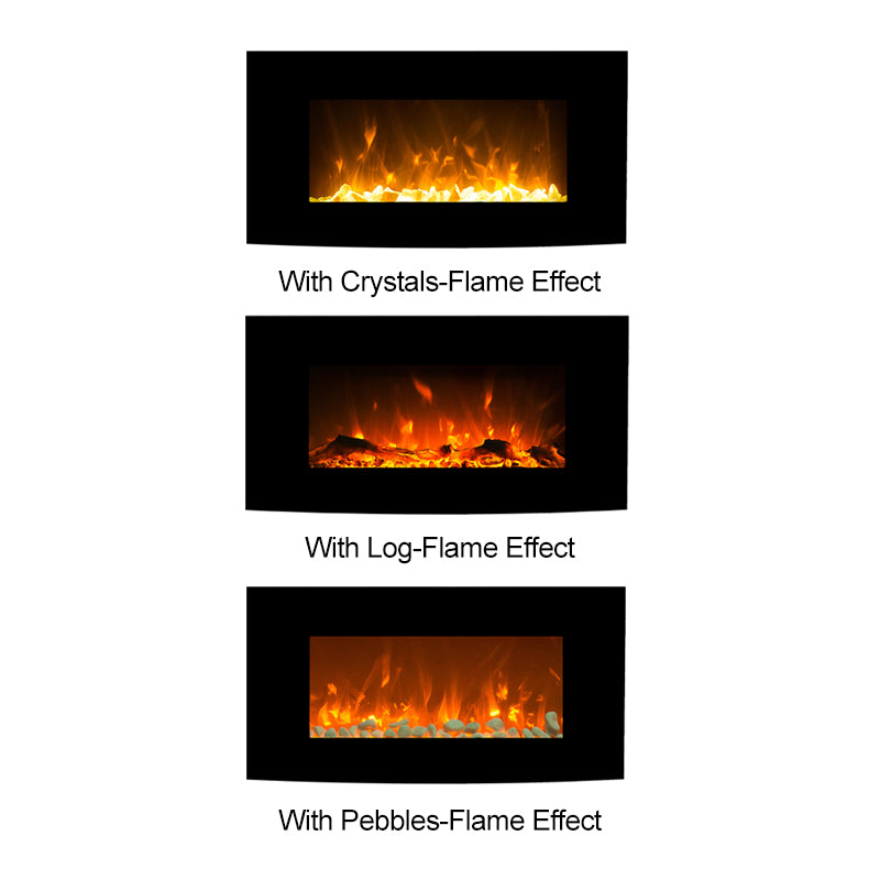 1500W 36" Black Curved Wall Mounted Electric Fireplace Heater Fire Flame