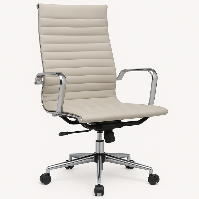 Eames High Back Executive Chair Italian Leather White with Fixed Gasket
