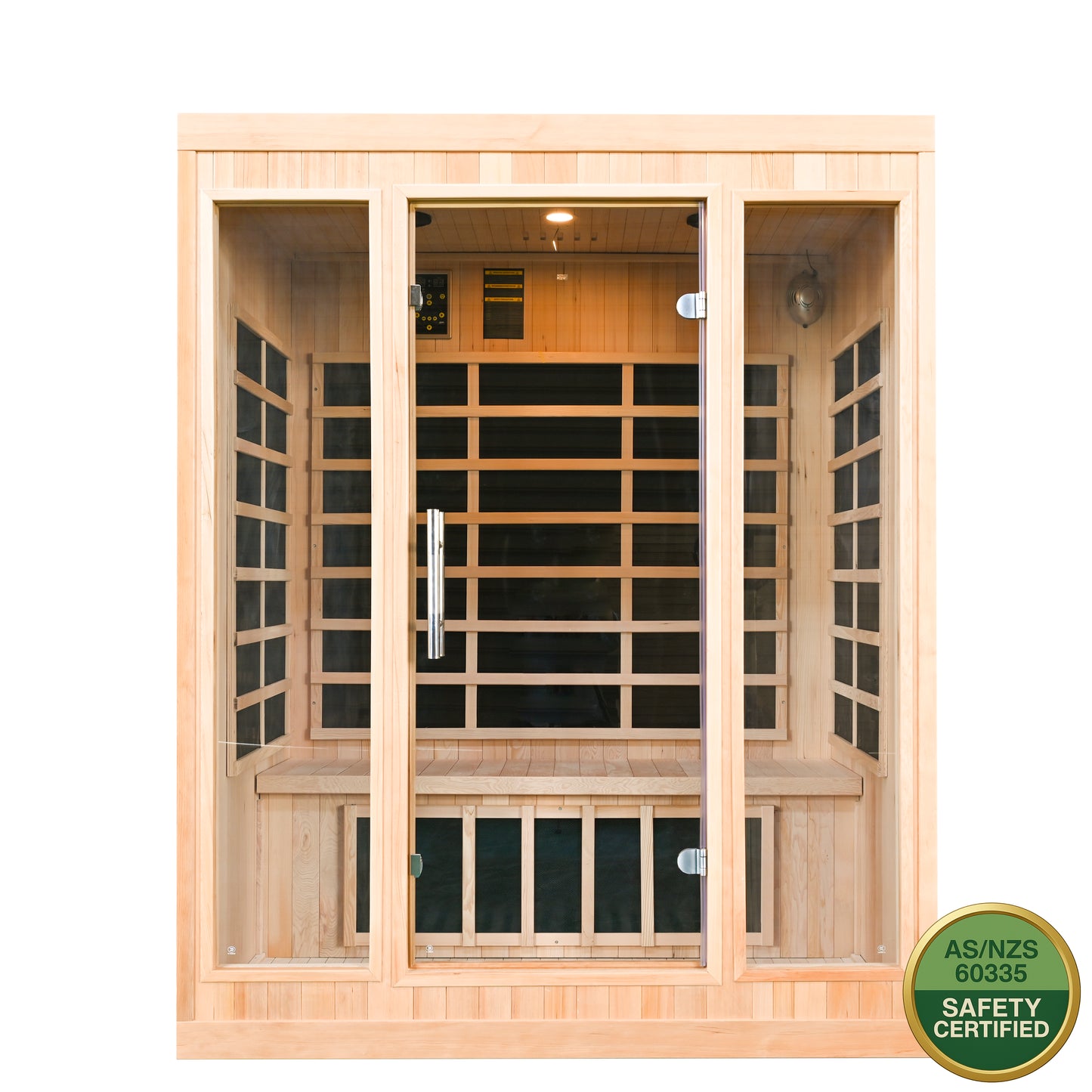 3-Person Luxury Far-Infrared Sauna 9 Carbon Heater 2360W Full Glass Front Panel
