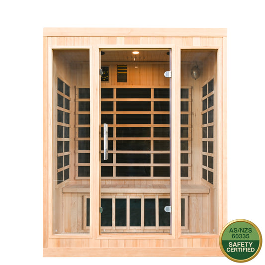 3-Person Luxury Far-Infrared Sauna 9 Carbon Heater 2360W Full Glass Front Panel