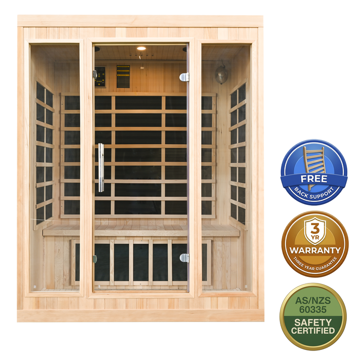 Greenland 3-Person Luxury Far-Infrared Sauna 9 Carbon Heater 2250W Full Glass Front Panel