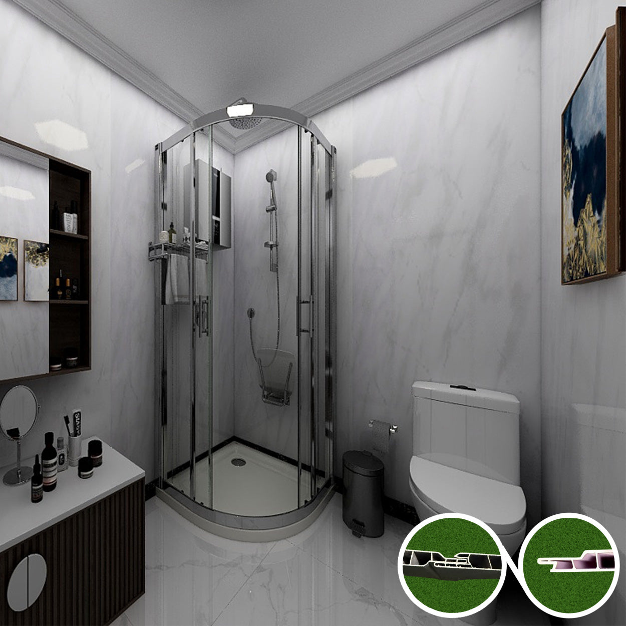 Tongue and Groove Interlocking Hollow Waterproof PVC Panels-1000mm Width Grey Marble Gloss