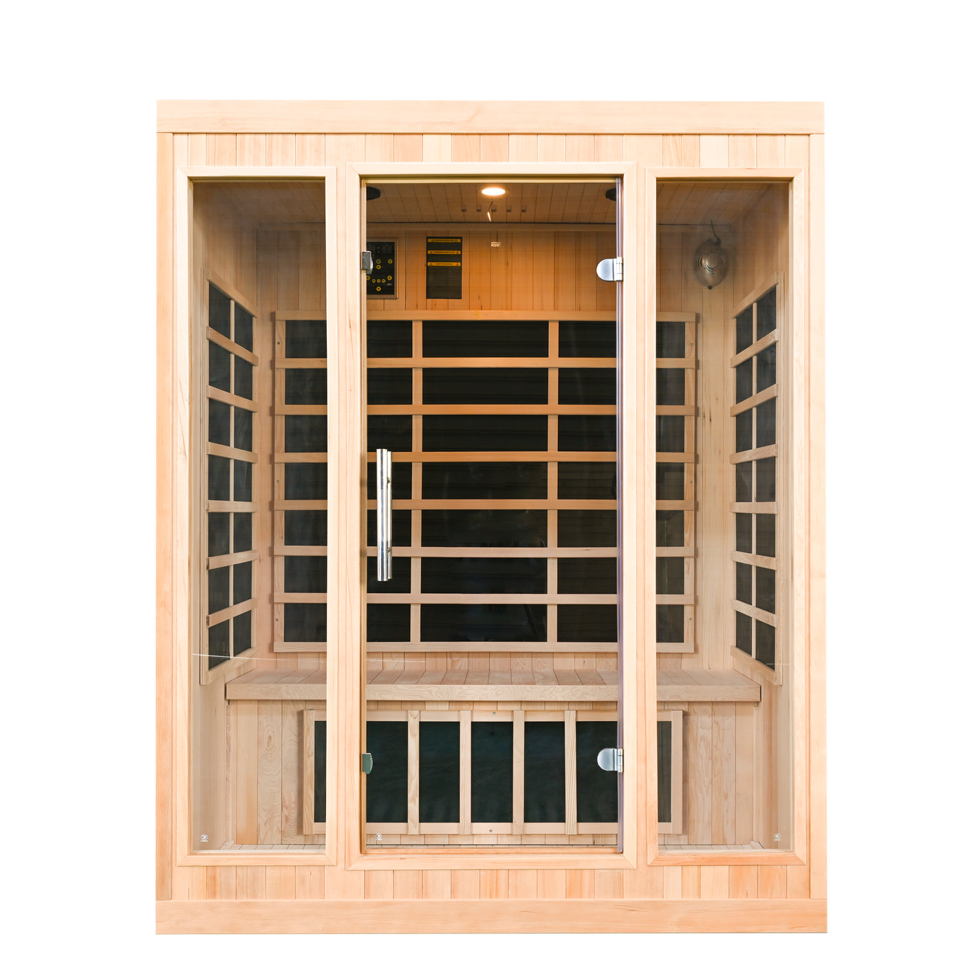 A 3-person luxury far-infrared sauna made of natural Hemlock wood with a full glass front panel and internal benches.