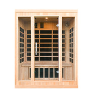 A 3-person luxury far-infrared sauna made of natural Hemlock wood with a full glass front panel and internal benches.
