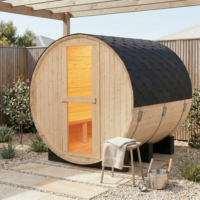 Greenland Outdoor 4 Person Traditional Finnish Steam Barrel Sauna 6000w 1.8x1.8m Hemlock