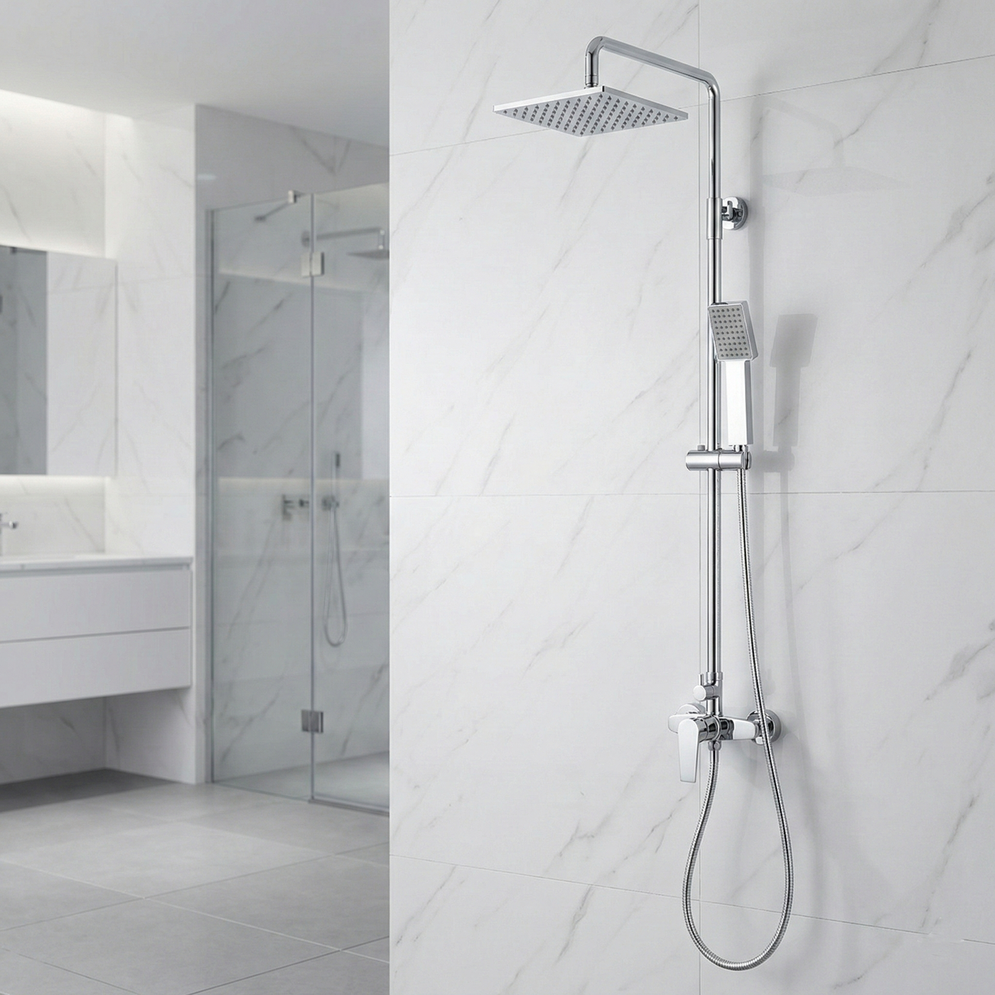 2-Function Shower Column Set  Square Rain Shower & Handheld with Adjustable Rail