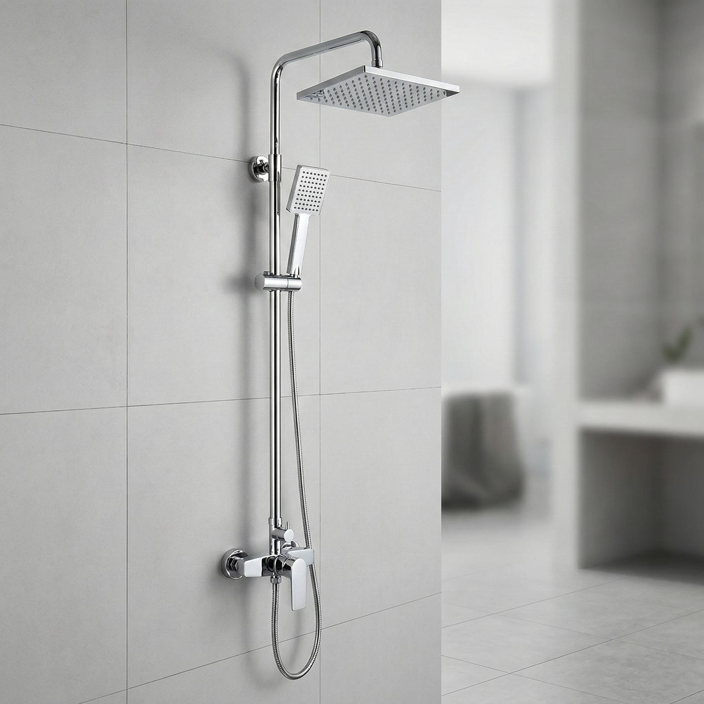 2-Function Shower Column Set  Square Rain Shower & Handheld with Adjustable Rail