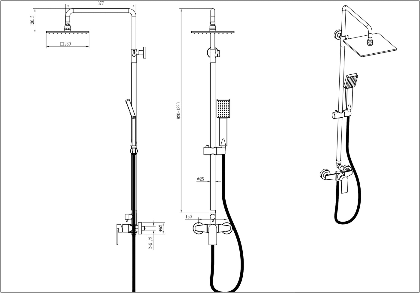 2-Function Shower Column Set  Square Rain Shower & Handheld with Adjustable Rail