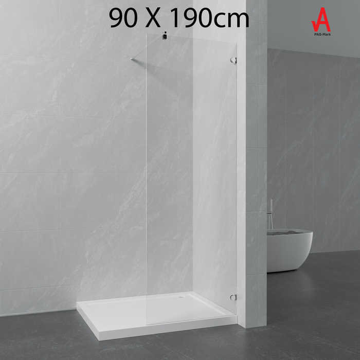 900 x 1900mm | 6mm Toughened Safety Glass Shower Screen with Stainless Steel Support Bar & Premium Fittings