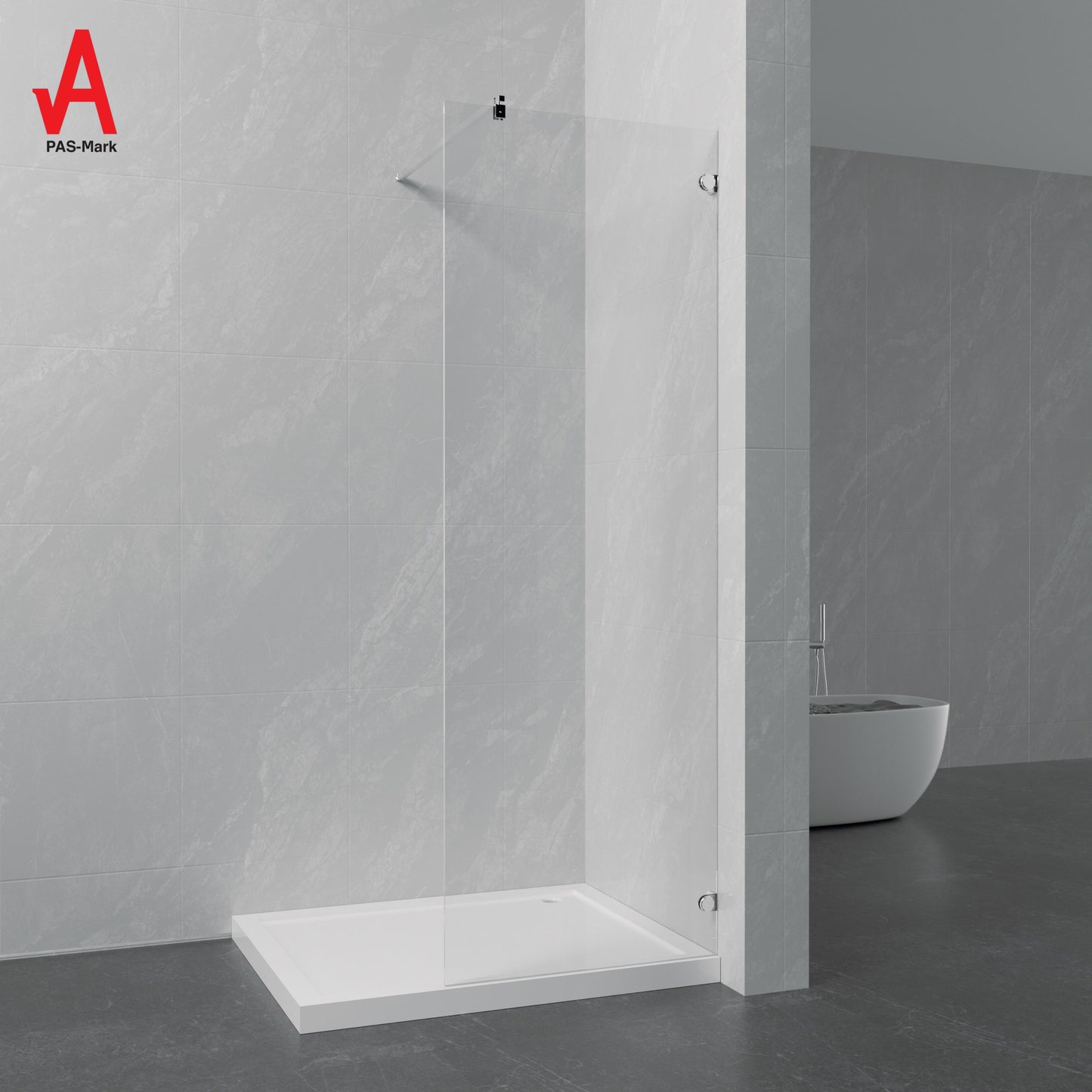 1000 x 1900mm | 6mm Toughened Safety Glass Shower Screen with Stainless Steel Support Bar & Premium Fittings