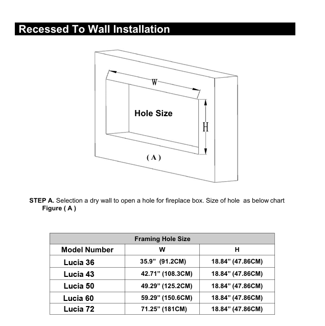 Lucia 50 inch 3 Sided Wall Mounted and Recessed/ Insert Electric Fireplace Heater
