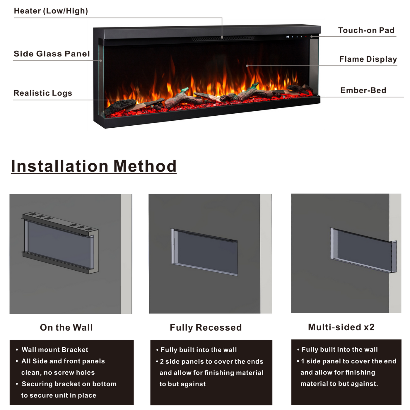 Longford 100" 3 Sided Free Standing Built-in Recessed / Wall Mounted Heater Electric Fireplace