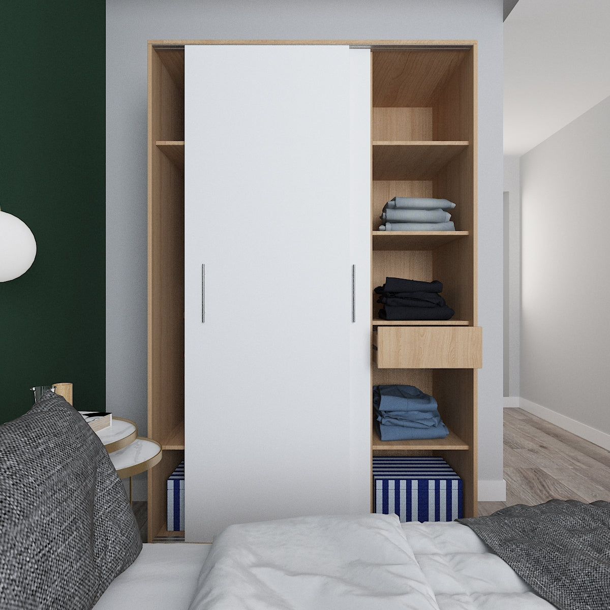 Modern Wooden Natural and White Sliding 2 Door Wardrobe 125x60x200cm