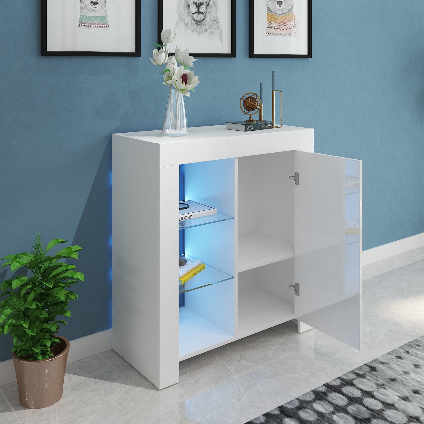 Modern LED Buffet Sideboard High Gloss Furniture Cabinet Storage White