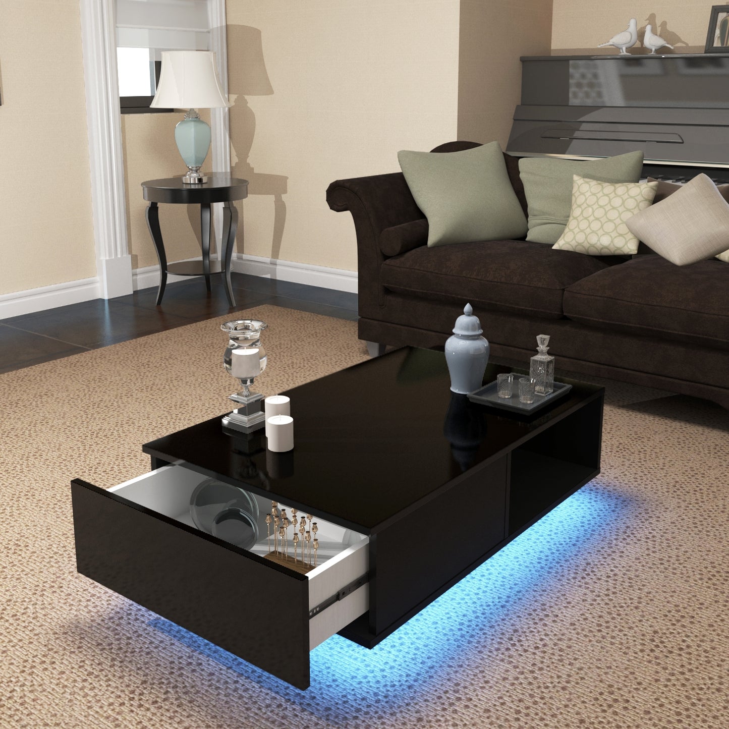 Modern LED Light Coffee Tea Table with Storage Drawer & Shelf High Gloss Living Room Black