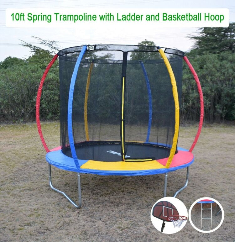 10ft Rainbow Mini Trampoline & Enclosure Ladder Basketball Hoop Set