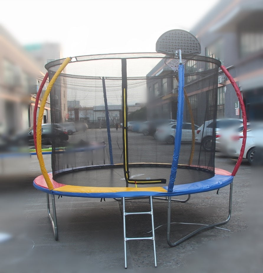10ft Rainbow Mini Trampoline & Enclosure Ladder Basketball Hoop Set