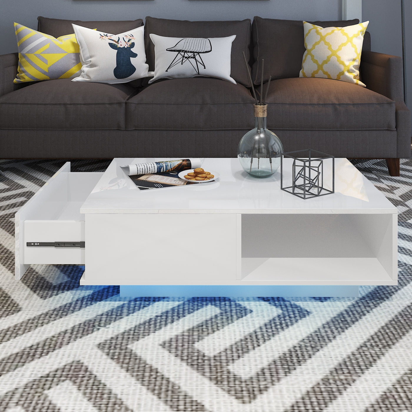 Modern RGB LED Light Coffee Tea Table with Storage Drawer & Shelf High Gloss Living Room