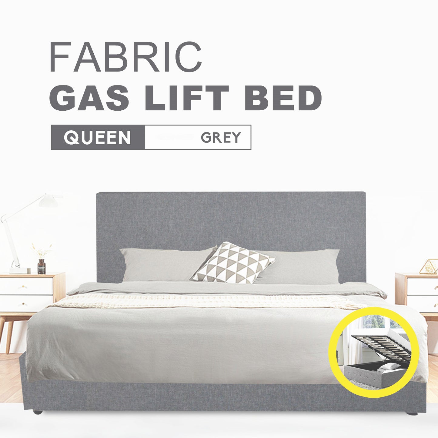 Fabric Gas Lift Storage Bed Frame Queen Grey CB120