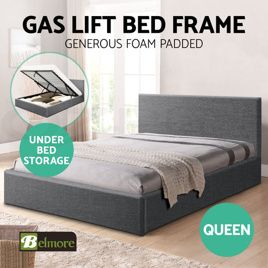 Fabric Gas Lift Storage Bed Frame Queen Grey CB120