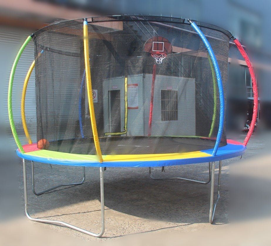 14ft Rainbow Trampoline & Enclosure Ladder Basketball Hoop Set