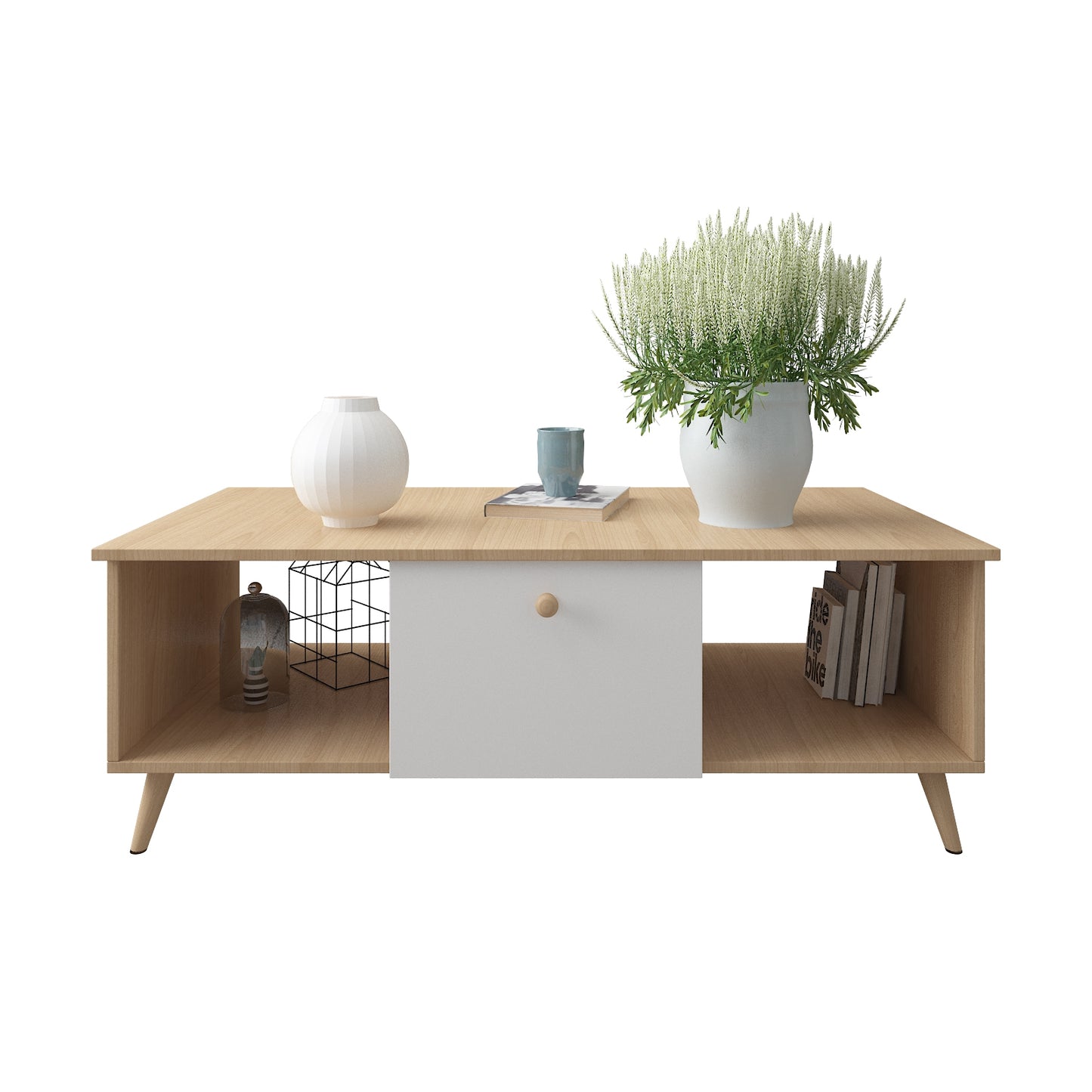 Modern Wooden Natural and White Coffee Table Storage Shelf Drawer 2 Open Side Shelves 120cm
