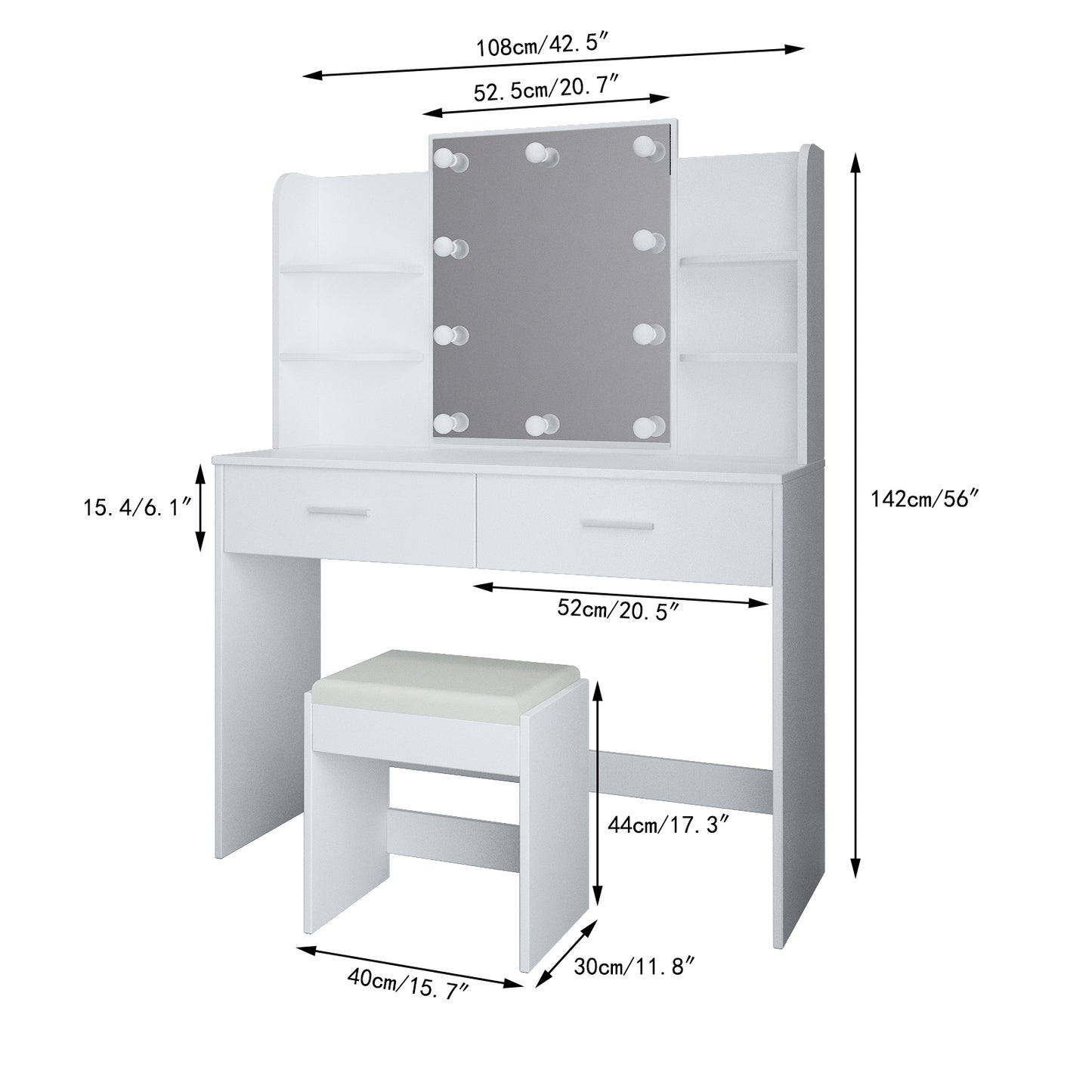 Dressing Table Mirror Makeup Jewellery Cabinet w/Light Bulbs Stool White