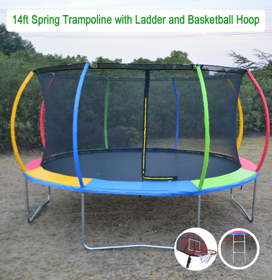 14ft Rainbow Trampoline & Enclosure Ladder Basketball Hoop Set