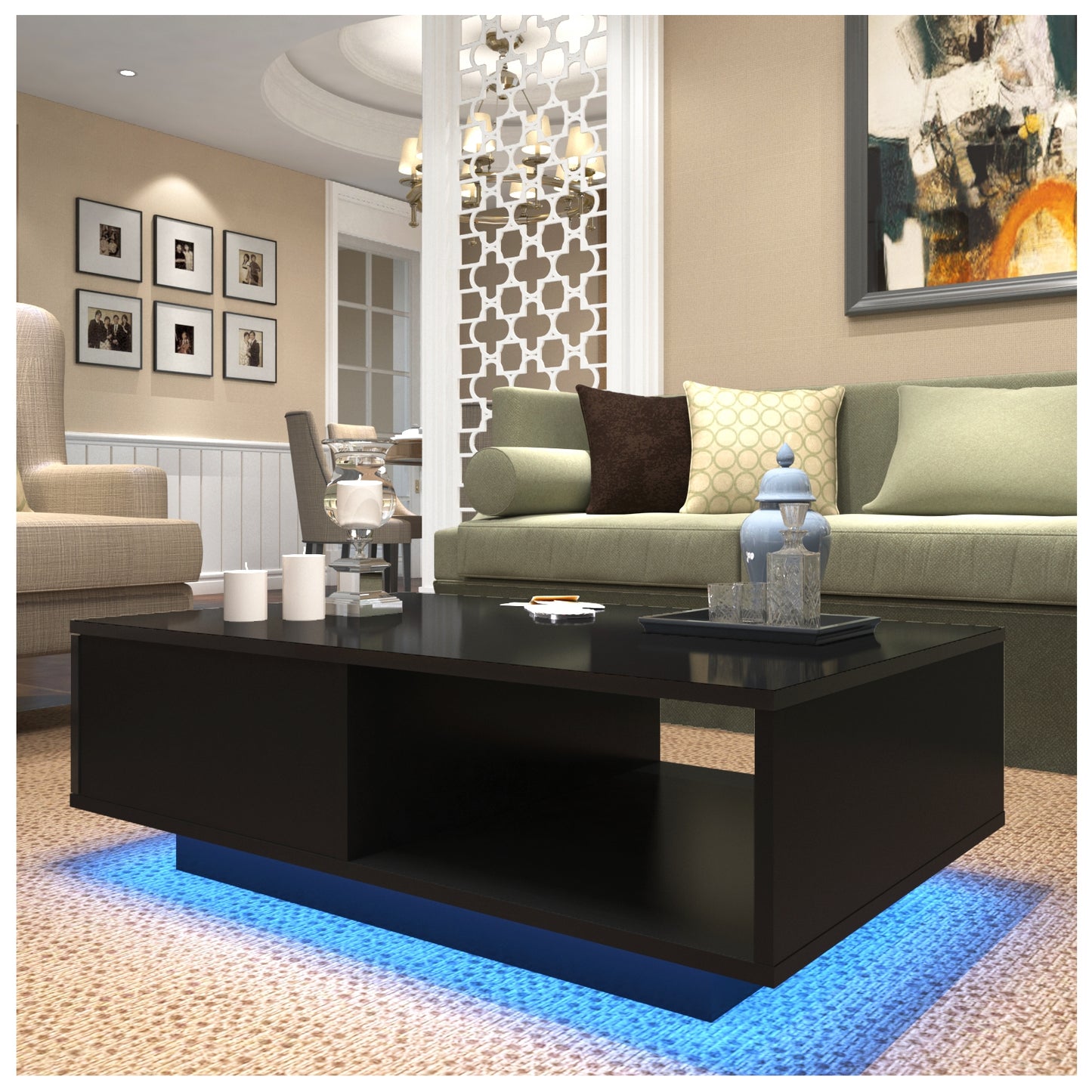 Modern LED Light Coffee Tea Table with Storage Drawer & Shelf High Gloss Living Room Black