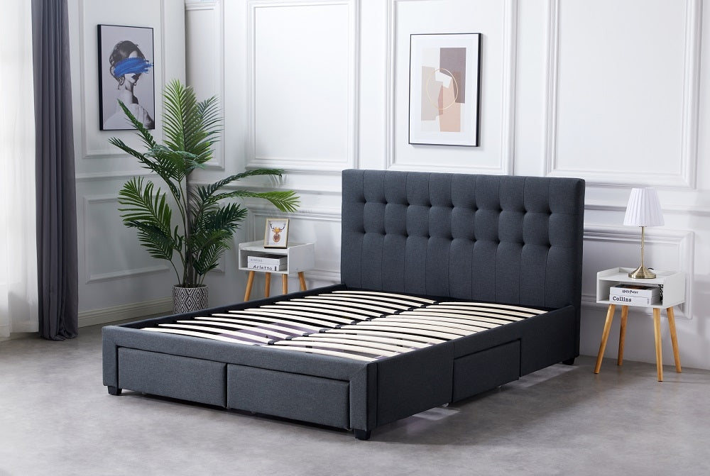 Fabric Square Tufted Storage Bed Frame Queen Full Size with 4 Drawers Charcoal