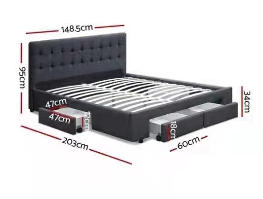 Fabric Square Tufted Storage Bed Frame Queen Full Size with 4 Drawers Charcoal