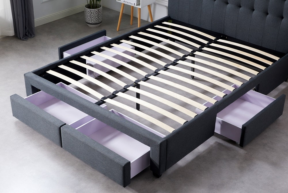 Fabric Square Tufted Storage Bed Frame Queen Full Size with 4 Drawers Charcoal