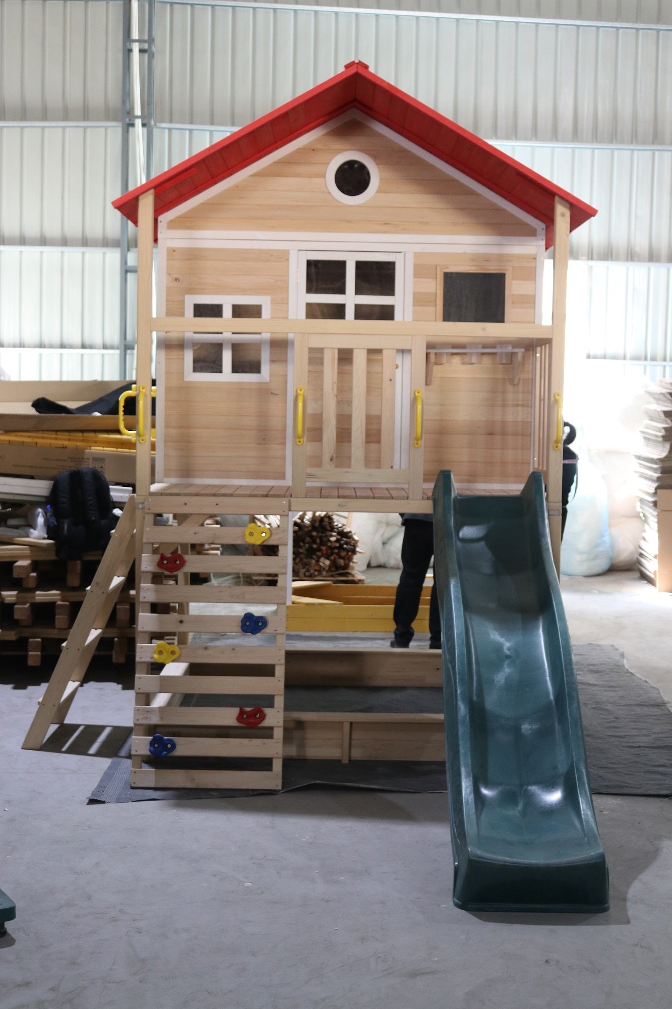 Playhouse with cheap slide and sandpit