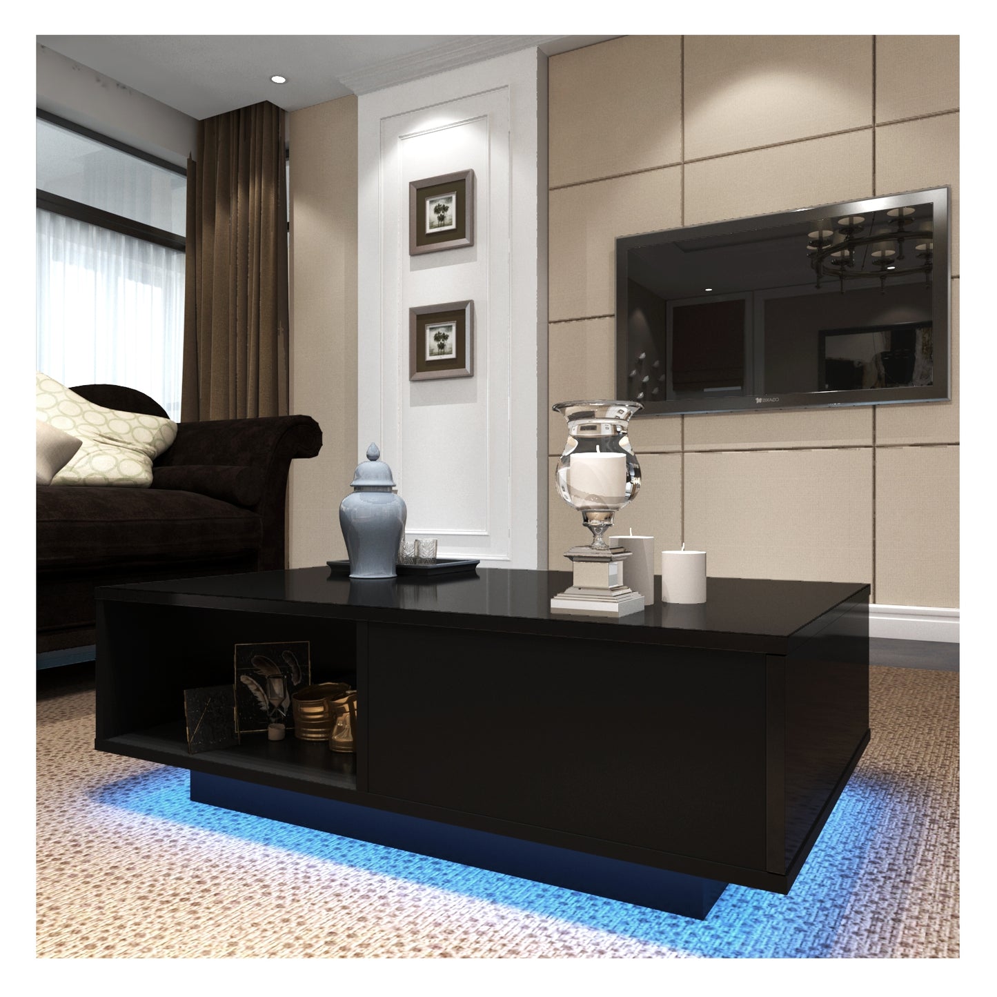 Modern LED Light Coffee Tea Table with Storage Drawer & Shelf High Gloss Living Room Black