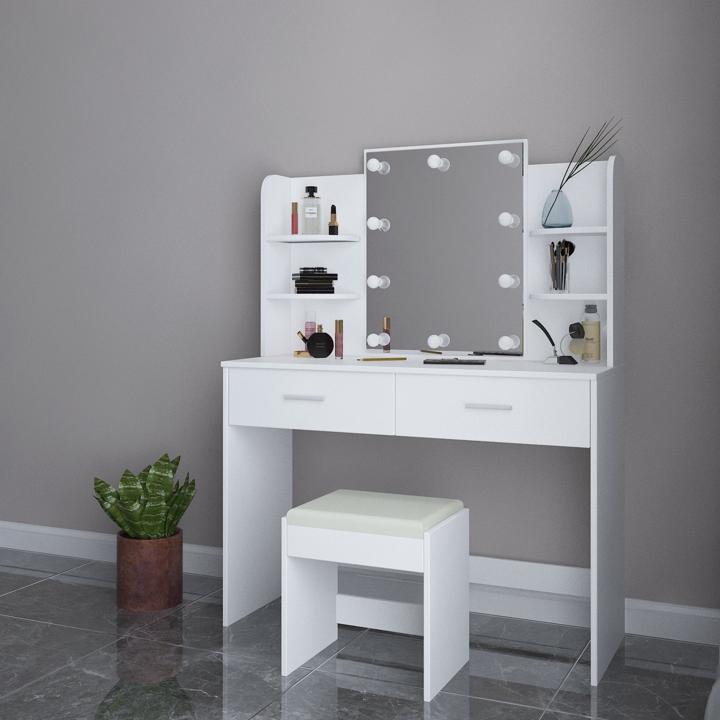 Dressing Table Mirror Makeup Jewellery Cabinet w/Light Bulbs Stool White