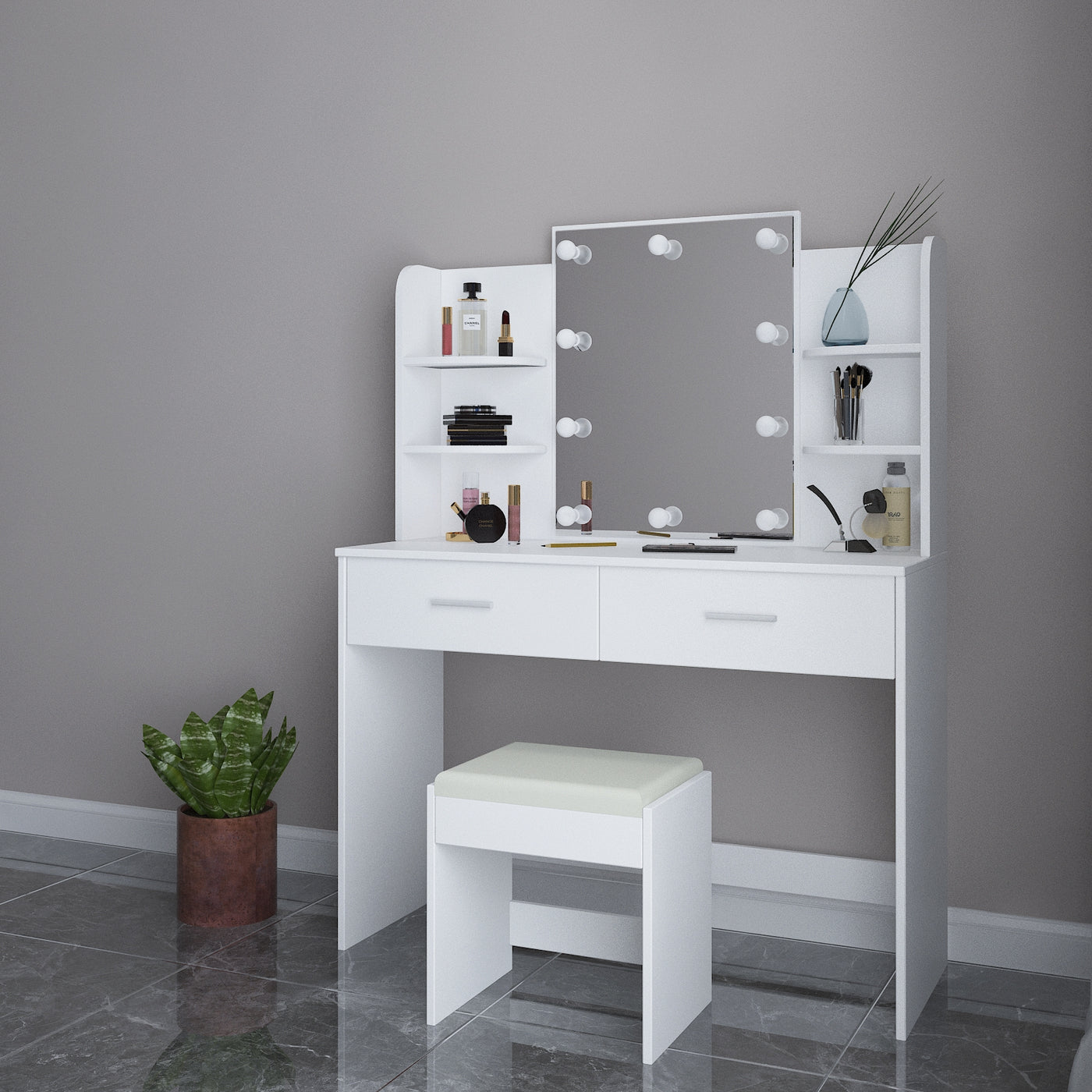 Dressing Table Mirror Makeup Jewellery Cabinet w/Light Bulbs Stool White