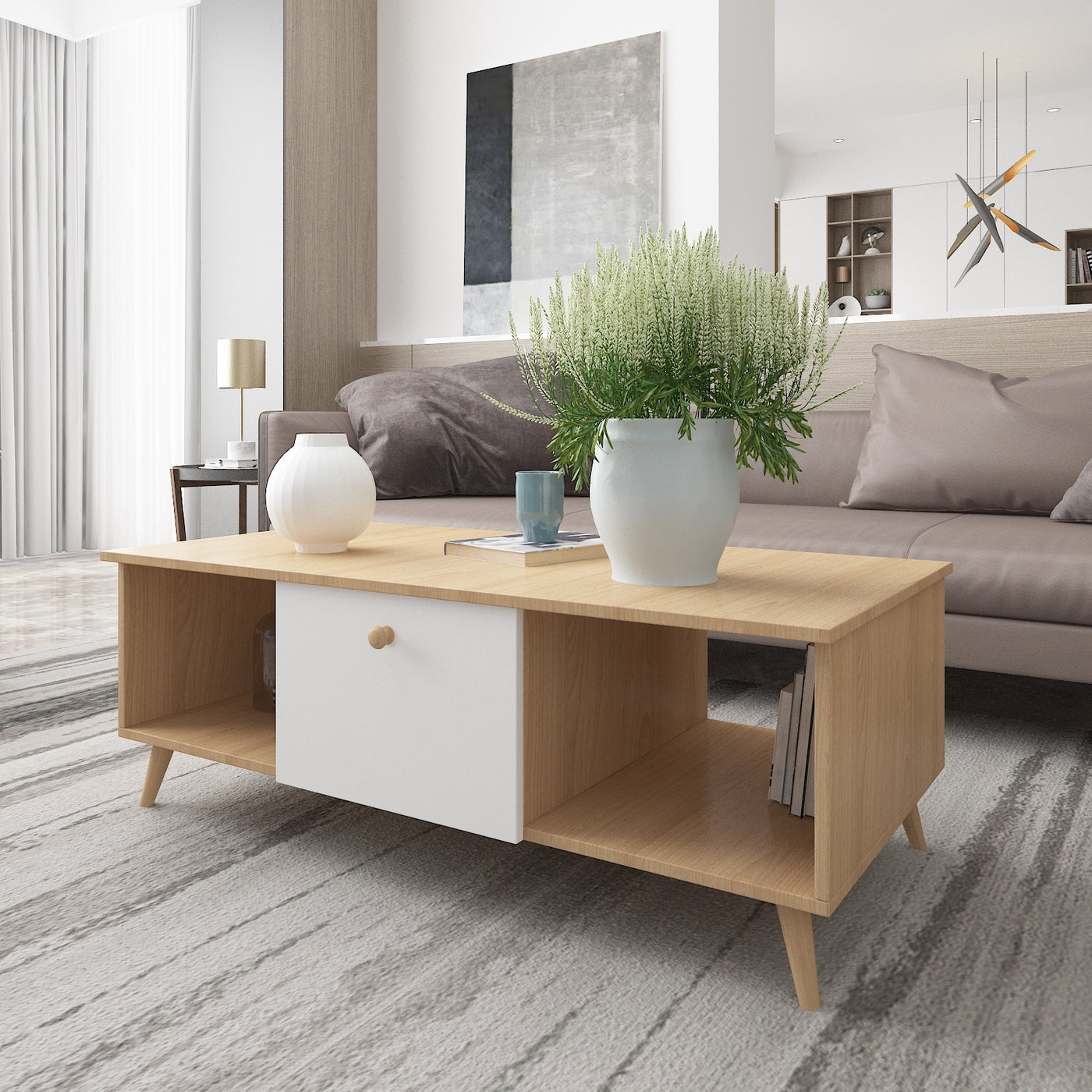 Coffee Table with Drawers Shelves 120cm White and Natural