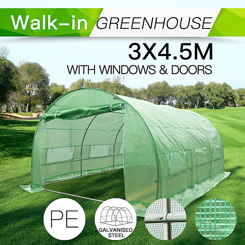 3x4.5m Heavy Duty 0.8x25mm Galvanised Frame Garden Shed PE Polytunnel Greenhouse