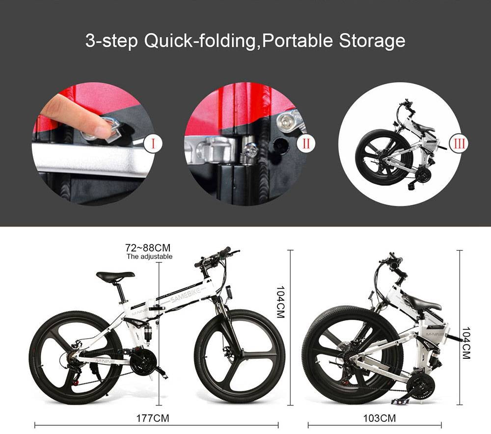 SAMEBIKE 26 Inch Aluminum Folding Electric Bike 350W Motor 10.4Ah Battery Max 30 KPH White