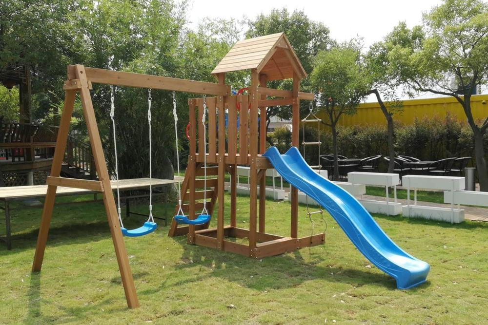 Outdoor Wooden Swing Climb & Slide Set Playset for Backyard 2200mm Slide