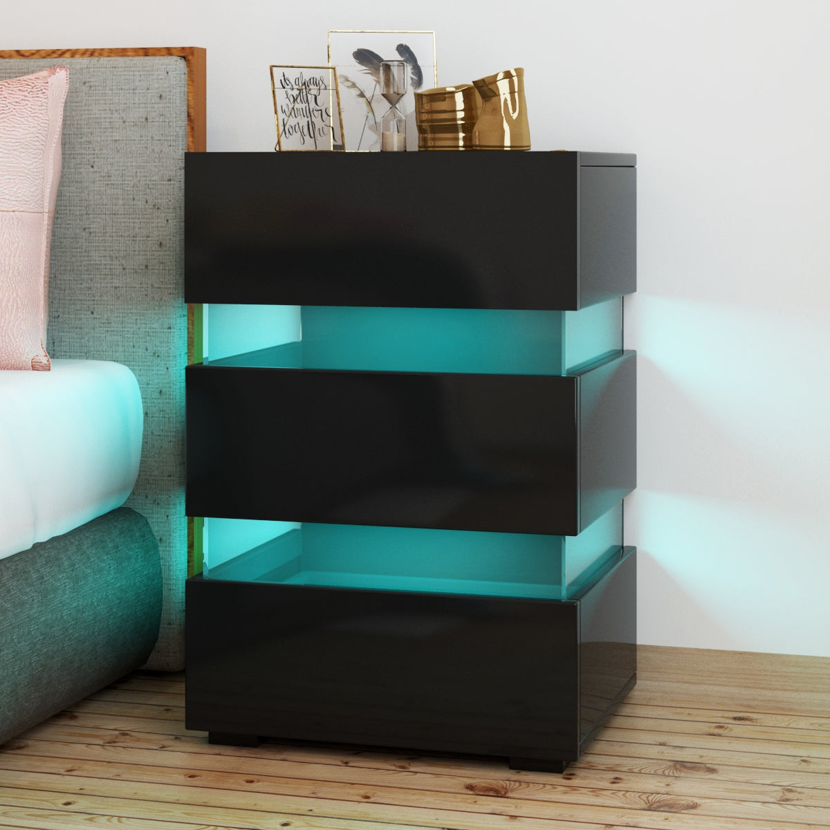 Modern RGB LED Bedside Table Side Table Nightstand High Gloss Furniture Storage Black