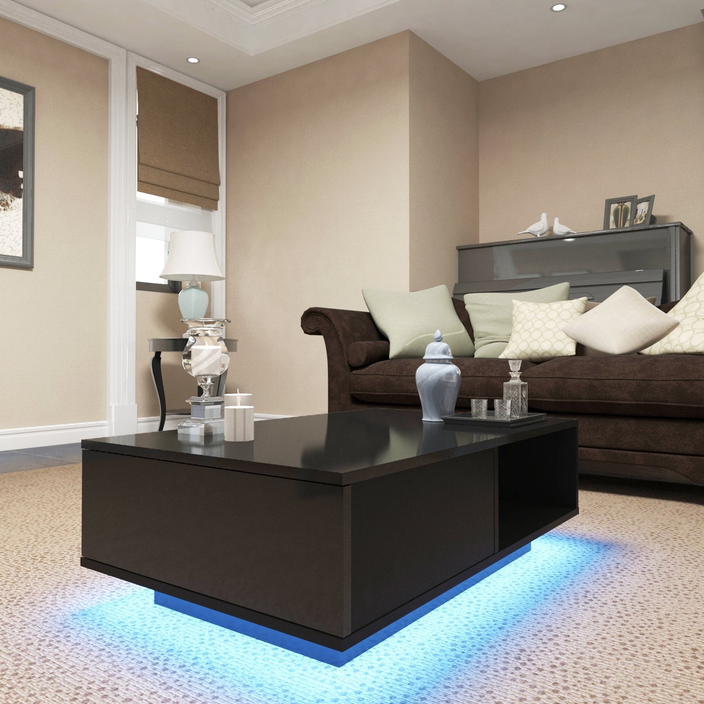 Modern LED Light Coffee Tea Table with Storage Drawer & Shelf High Gloss Living Room Black