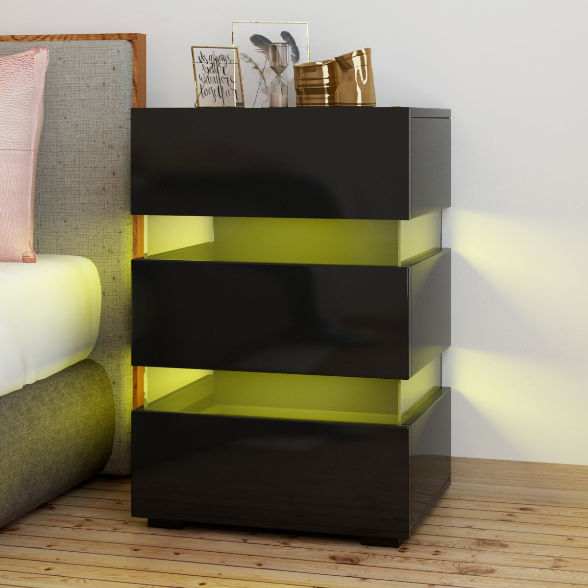 Modern RGB LED Bedside Table Side Table Nightstand High Gloss Furniture Storage Black