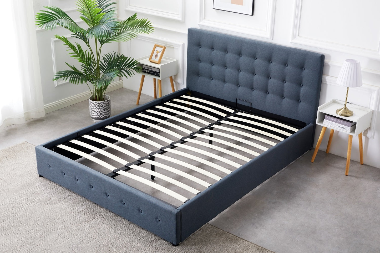 Scandinavian Fabric Square Tufted Gas Lift Storage Bed Frame Queen Charcoal