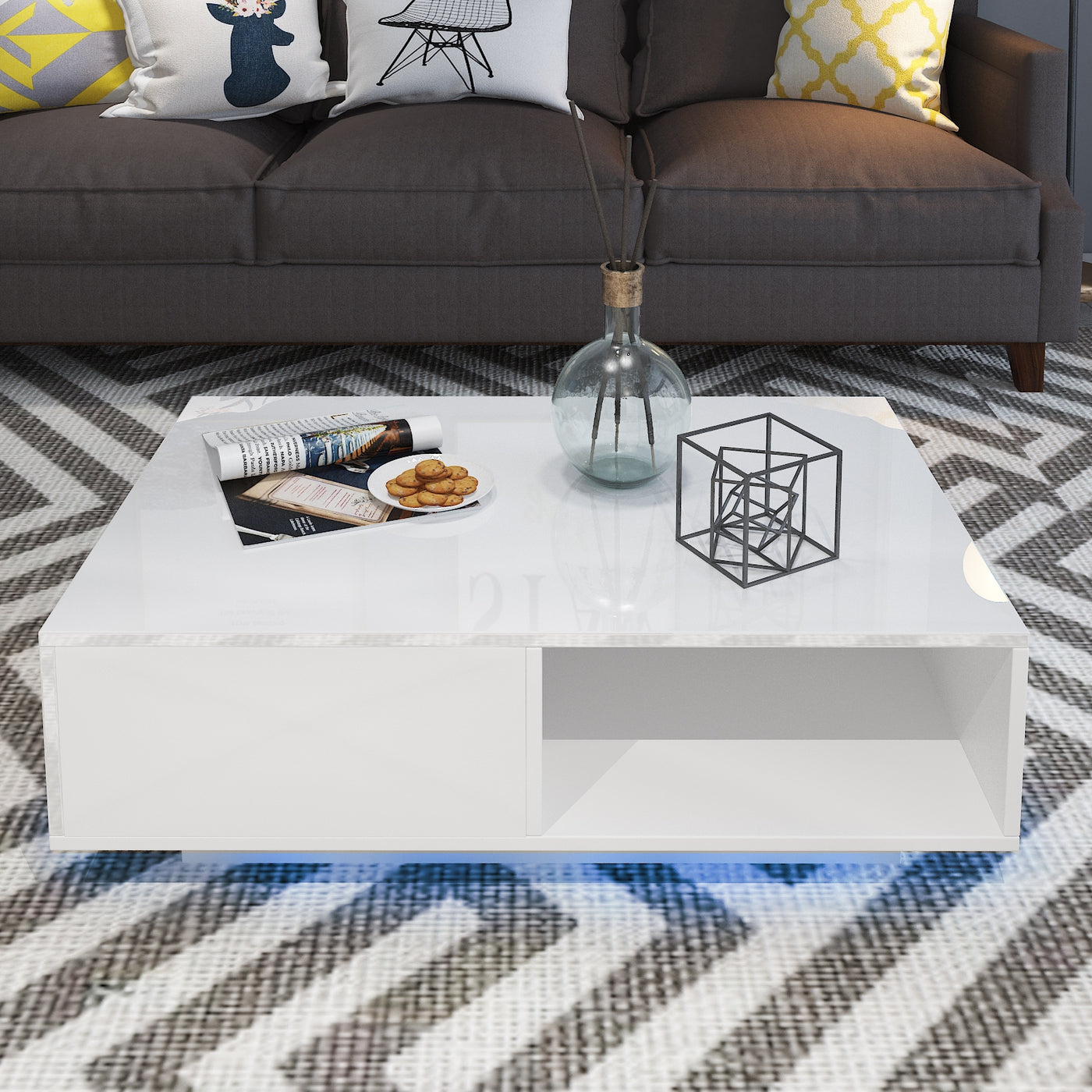 Modern RGB LED Light Coffee Tea Table with Storage Drawer & Shelf High Gloss Living Room