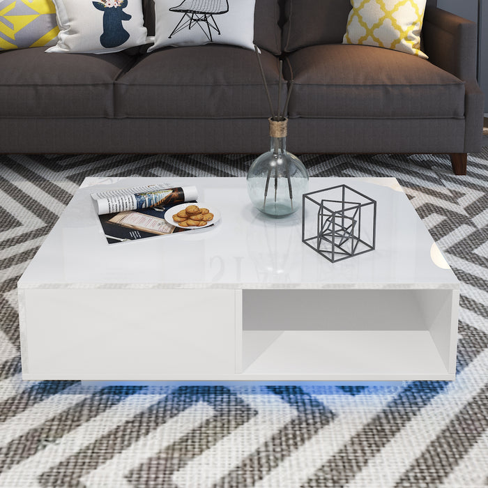 Modern RGB LED Light Coffee Tea Table with Storage Drawer & Shelf High Gloss Living Room