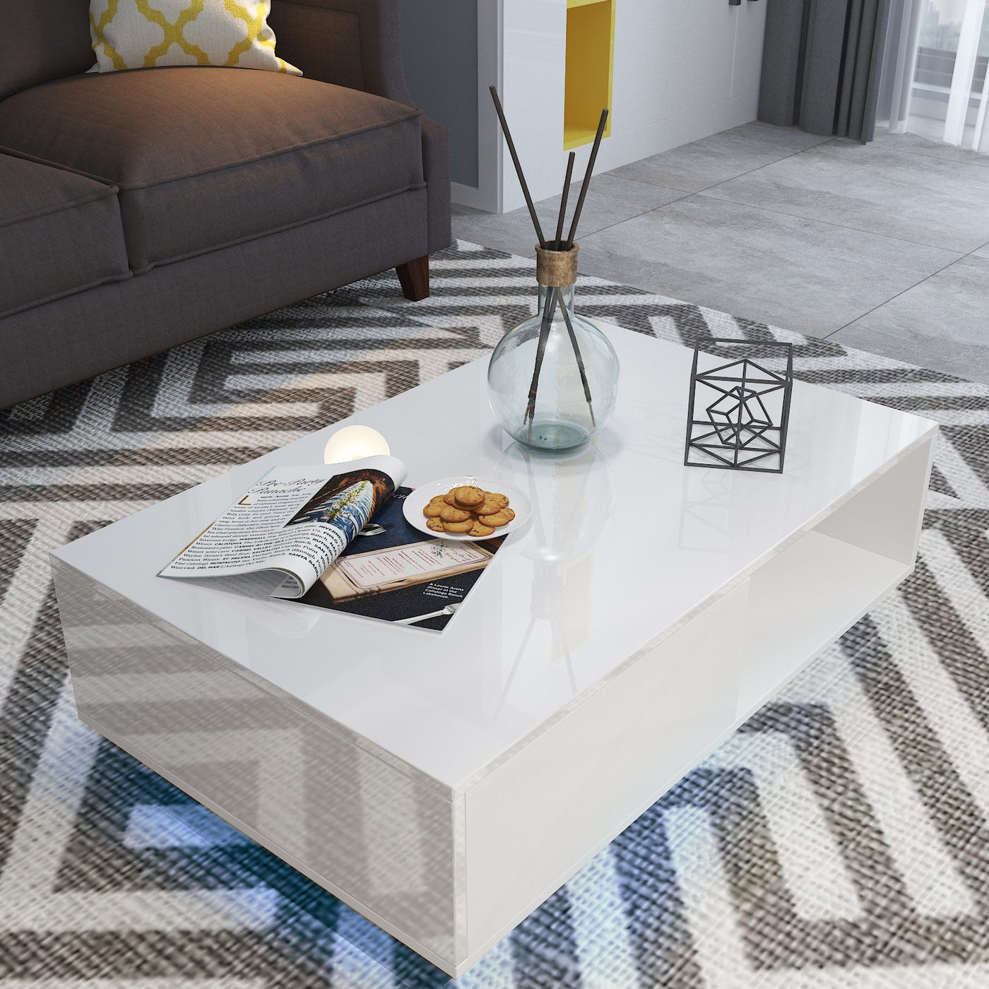 Modern RGB LED Light Coffee Tea Table with Storage Drawer & Shelf High Gloss Living Room